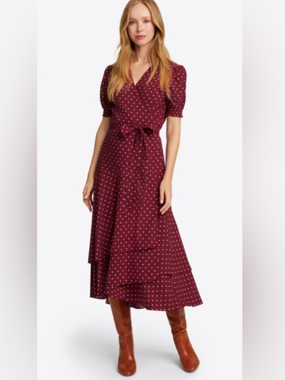 Draper James Burgundy Polka Dot Wrap Midi Dress Size 8